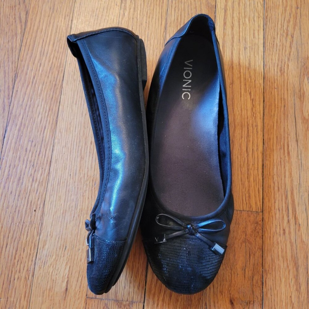 Vionic MINNA‎ Black Leather Ballet Flats 8M Bow Comfort